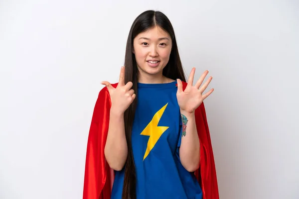 Super Hero Chinese Woman Isolated White Background Counting Seven Fingers — 图库照片