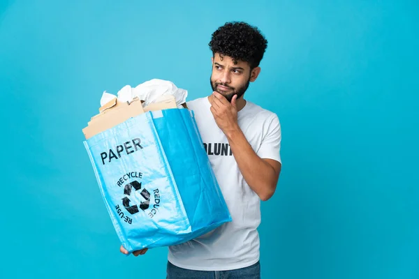 Young Moroccan Man Holding Recycling Bag Full Paper Recycle Isolated — Stock Photo, Image