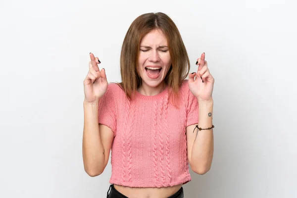 Jong Engels Vrouw Geïsoleerd Witte Achtergrond Met Vingers Kruisen — Stockfoto