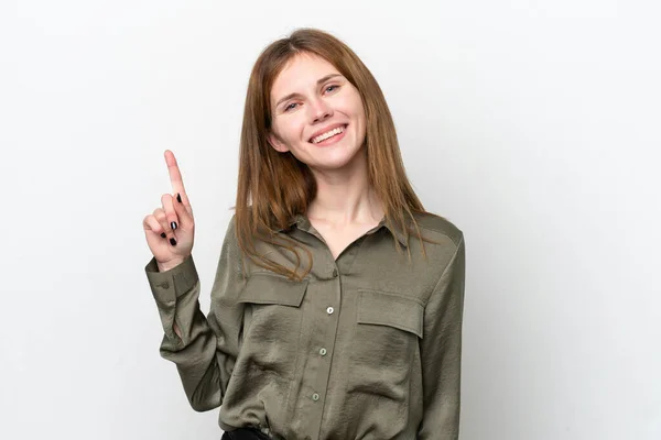 Mladá Anglická Žena Izolovaná Bílém Pozadí Ukazující Zvedající Prst Znamení — Stock fotografie