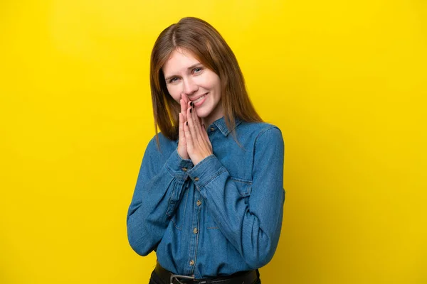 Une Jeune Anglaise Isolée Sur Fond Jaune Garde Paume Unie — Photo