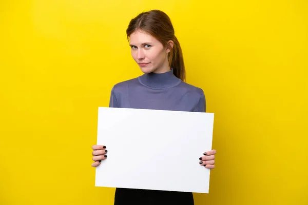 Young English Woman Isolated Yellow Background Holding Empty Placard — 图库照片