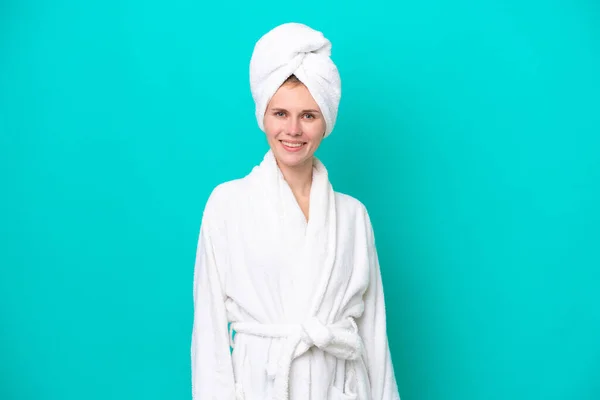 Young Woman Bathrobe Isolated Blue Background Laughing — 图库照片