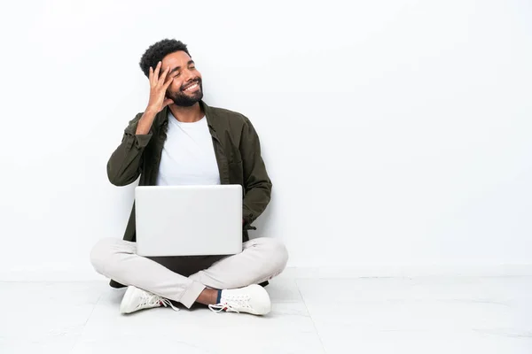 Young Brazilian Man Laptop Sitting Floor Isolated White Has Realized — 图库照片