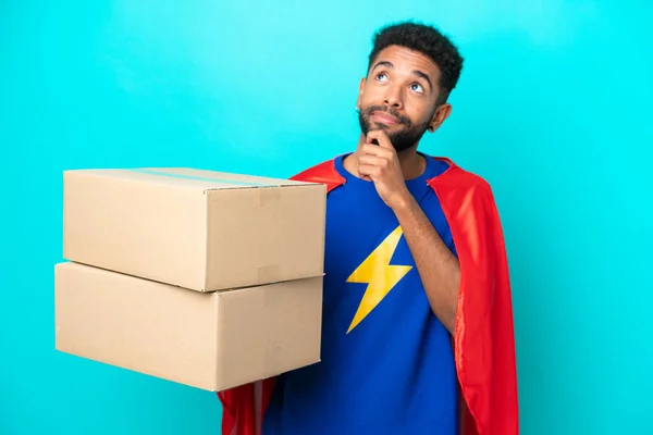 Super Hero Delivery Brazilian Man Isolated Blue Background Looking — Stock Photo, Image