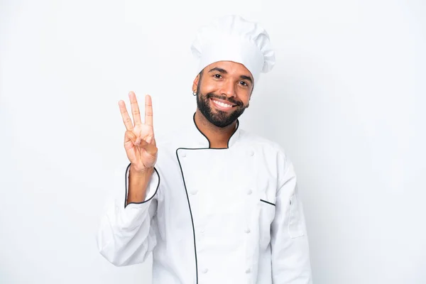 Young Brazilian Chef Man Isolated White Background Happy Counting Three — Foto Stock
