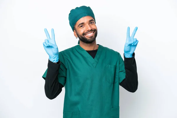 Surgeon Brazilian Man Green Uniform Isolated White Background Showing Victory — Fotografia de Stock