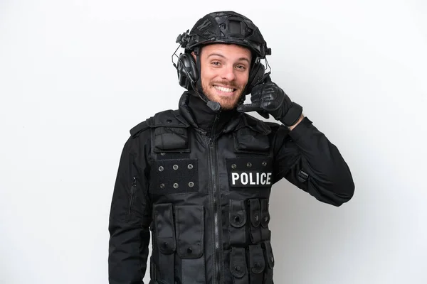 Brazilian Soldier Man Isolated White Background Making Phone Gesture Call — Stockfoto