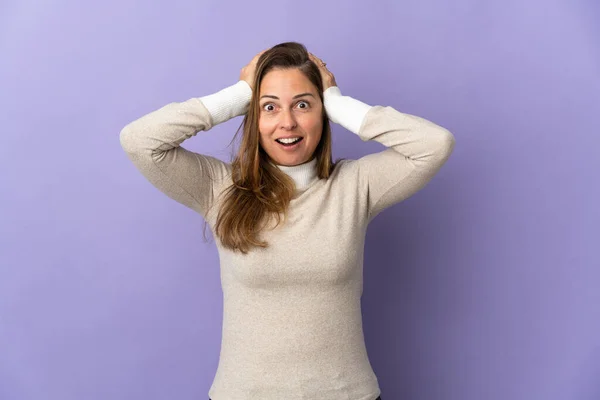 Middle Age Brazilian Woman Isolated Purple Background Doing Nervous Gesture — Stock Photo, Image