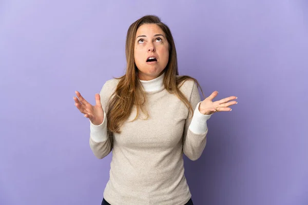 Middle Age Brazilian Woman Isolated Purple Background Stressed Overwhelmed — Stock Photo, Image