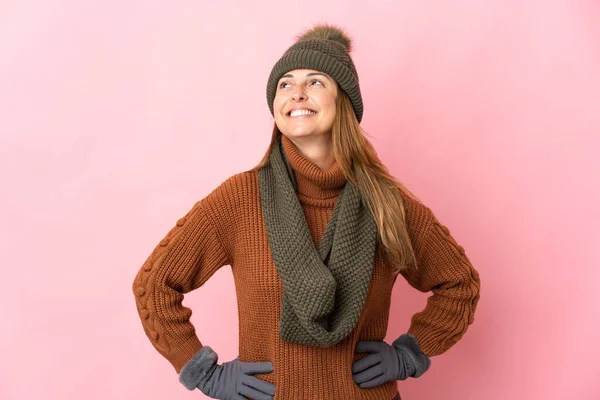 Middle Age Woman Winter Hat Isolated Pink Background Posing Arms — Foto Stock