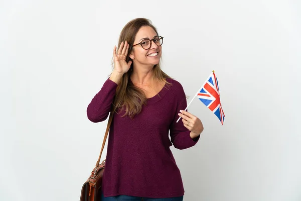 Middle Age Brazilian Woman Holding United Kingdom Flag Isolated White — Zdjęcie stockowe
