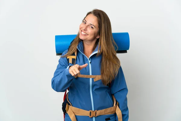 Middle Age Mountaineer Woman Big Backpack Isolated Background Pointing Front — Foto Stock