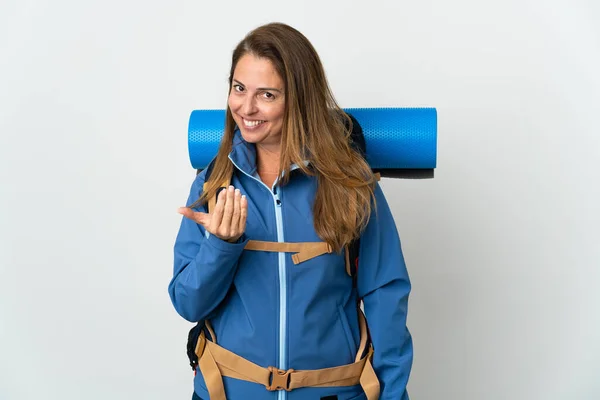 Middle Age Mountaineer Woman Big Backpack Isolated Background Inviting Come —  Fotos de Stock