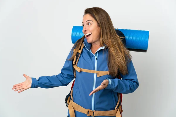 Middle Age Mountaineer Woman Big Backpack Isolated Background Surprise Expression — Foto Stock
