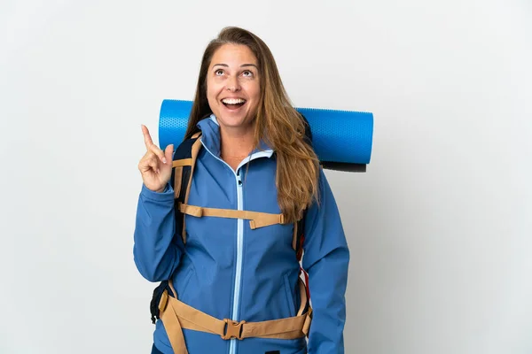Middle Age Mountaineer Woman Big Backpack Isolated Background Thinking Idea —  Fotos de Stock