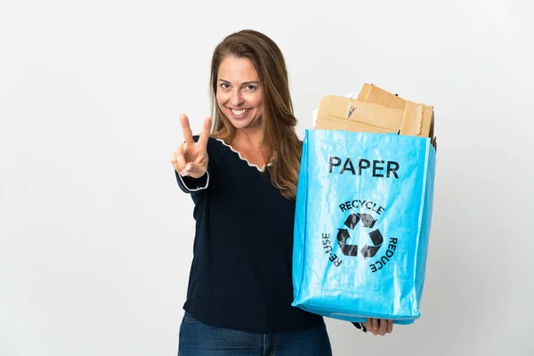 Femme Brésilienne Moyen Age Tenant Sac Recyclage Rempli Papier Recycler — Photo