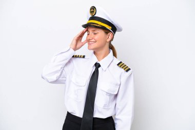 Beyaz arka planda izole edilmiş Kafkas pilot kadın bir şey fark etti ve çözüme niyetlendi.