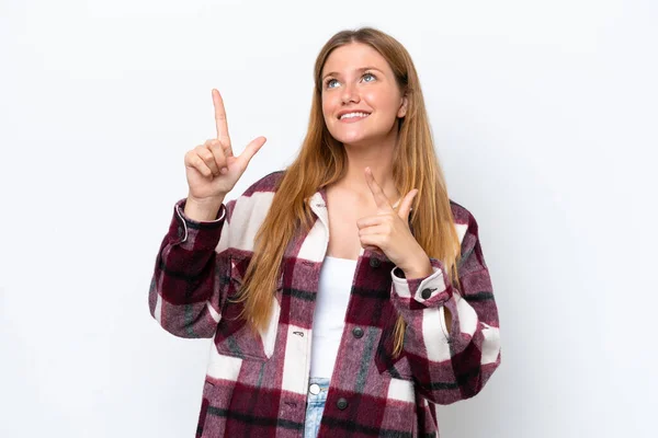 Молода Біла Жінка Ізольована Білому Тлі Вказуючи Індексний Палець Чудова — стокове фото