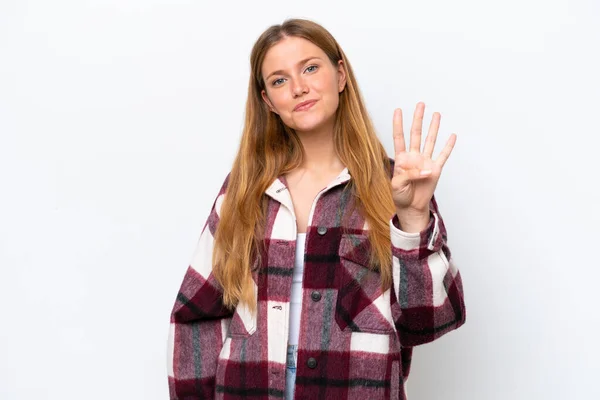 Молодая Кавказская Женщина Белом Фоне Счастлива Считает Четверых Пальцами — стоковое фото