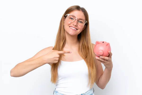 Young Pretty Blonde Woman Holding Piggy Bank Isolated White Background — Stock fotografie