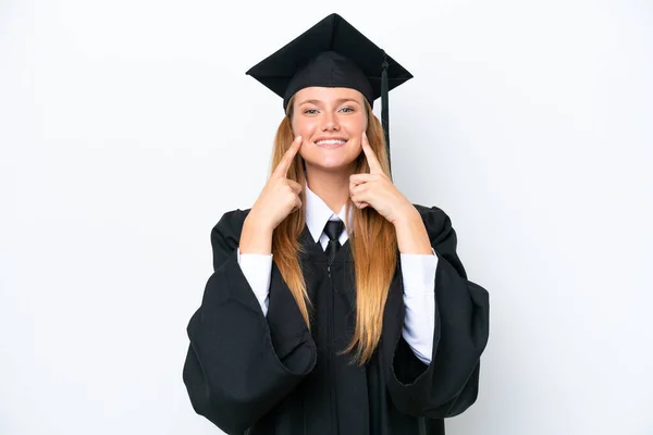 Junge Universitätsabsolventin Kaukasische Frau Auf Weißem Hintergrund Isoliert Lächelnd Mit — Stockfoto