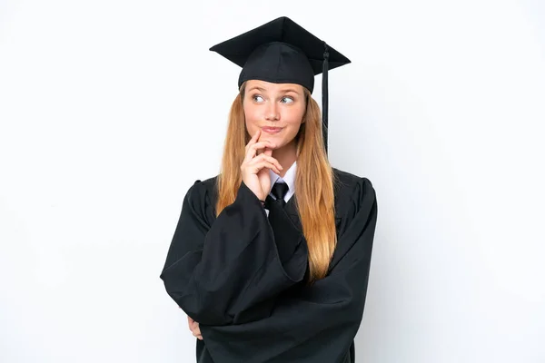 Young University Graduate Caucasian Woman Isolated White Background Thinking Idea — Stok fotoğraf