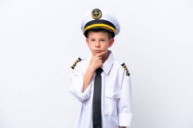 Little airplane pilot boy isolated on white background thinking