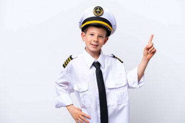 Little airplane pilot boy isolated on white background showing and lifting a finger in sign of the best
