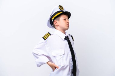 Little airplane pilot boy isolated on white background suffering from backache for having made an effort