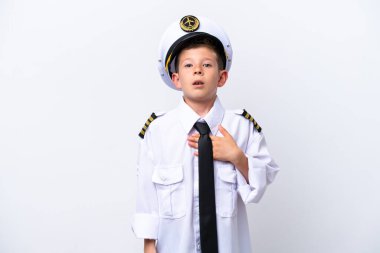 Little airplane pilot boy isolated on white background surprised and shocked while looking right