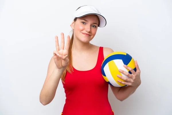 Beyaz Arka Planda Voleybol Oynayan Beyaz Kadın Mutlu Parmaklarıyla Üçe — Stok fotoğraf