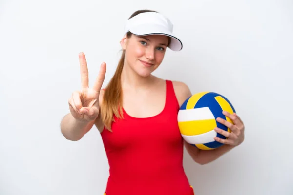 Young Caucasian Woman Playing Volleyball Isolated White Background Smiling Showing —  Fotos de Stock