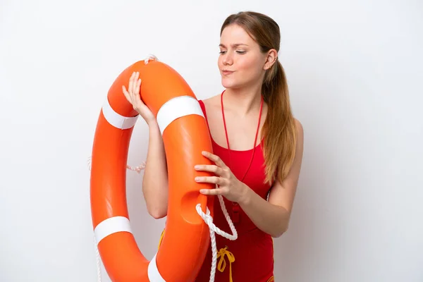 Young Caucasian Woman Isolated White Background Lifeguard Equipment Sad Expression — Foto Stock