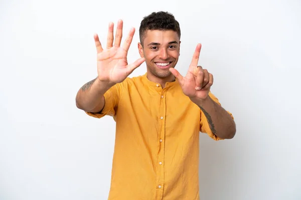 Young Caucasian Brazilian Man Isolated White Background Counting Seven Fingers — Stock Fotó