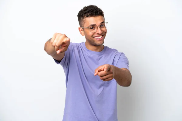 Young Caucasian Brazilian Man Isolated White Background Pointing Front Happy — Stock Fotó