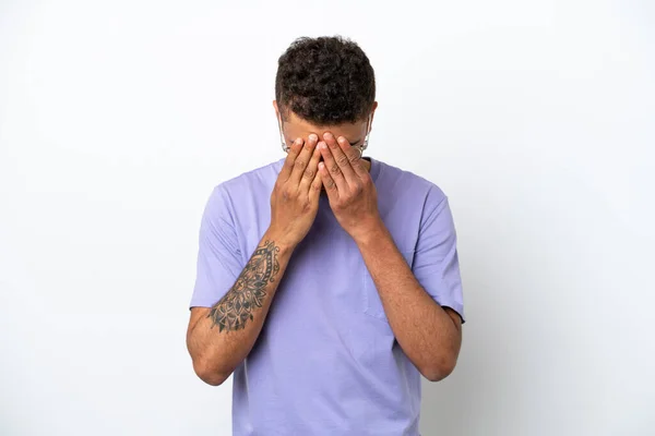 Young Caucasian Brazilian Man Isolated White Background Tired Sick Expression — Stockfoto