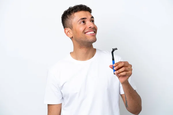 Young Brazilian Man Shaving His Beard Isolated White Background Looking — 图库照片