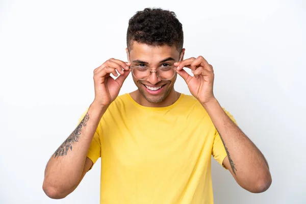 Young Brazilian Man Isolated White Background Glasses Happy Expression —  Fotos de Stock