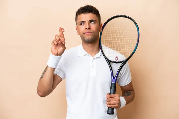 Young Brazilian Handsome Man Playing Tennis Isolated Beige Background Fingers — Stock fotografie