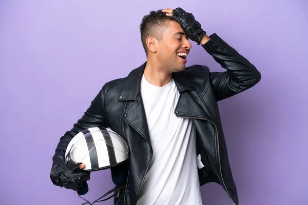 Young Brazilian Man Motorcycle Helmet Isolated Purple Background Has Realized — Φωτογραφία Αρχείου