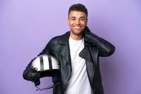 Young Brazilian Man Motorcycle Helmet Isolated Purple Background Laughing — Stok fotoğraf