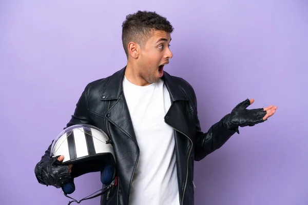 Young Brazilian Man Motorcycle Helmet Isolated Purple Background Surprise Expression — Φωτογραφία Αρχείου
