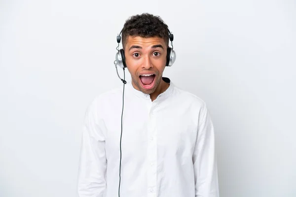 Hombre Brasileño Telemarketer Trabajando Con Auricular Aislado Sobre Fondo Blanco — Foto de Stock