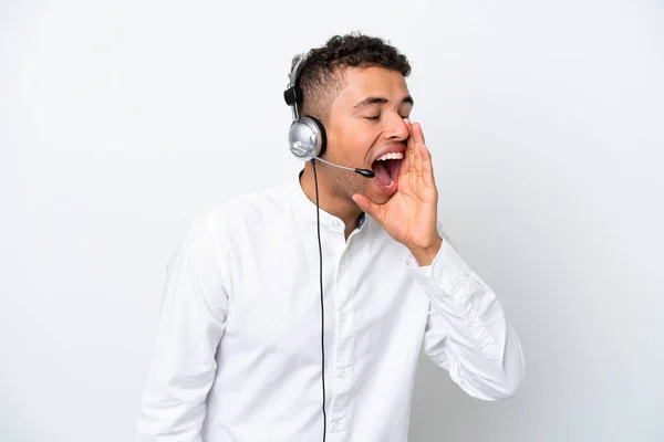 Telemarketer Brazilian Man Working Headset Isolated White Background Shouting Mouth —  Fotos de Stock