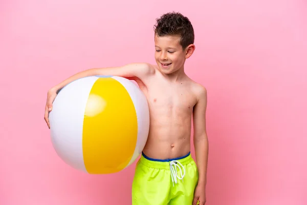 Little Caucasian Boy Holding Beach Ball Isolated Pink Background Happy —  Fotos de Stock