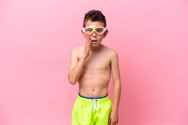 Little Caucasian Boy Wearing Diving Goggles Isolated Pink Background Surprise — Fotografia de Stock