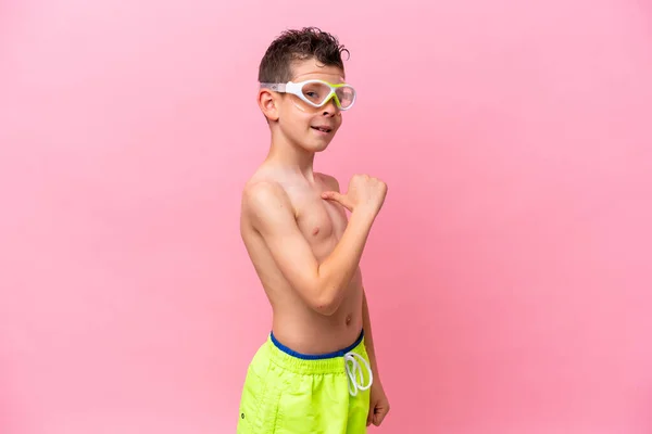 Little Caucasian Boy Wearing Diving Goggles Isolated Pink Background Proud — Stock fotografie