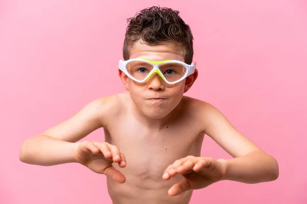 Little Caucasian Boy Wearing Diving Goggles Isolated Pink Background — Photo