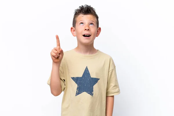 Little Caucasian Boy Isolated White Background Pointing Surprised — Zdjęcie stockowe